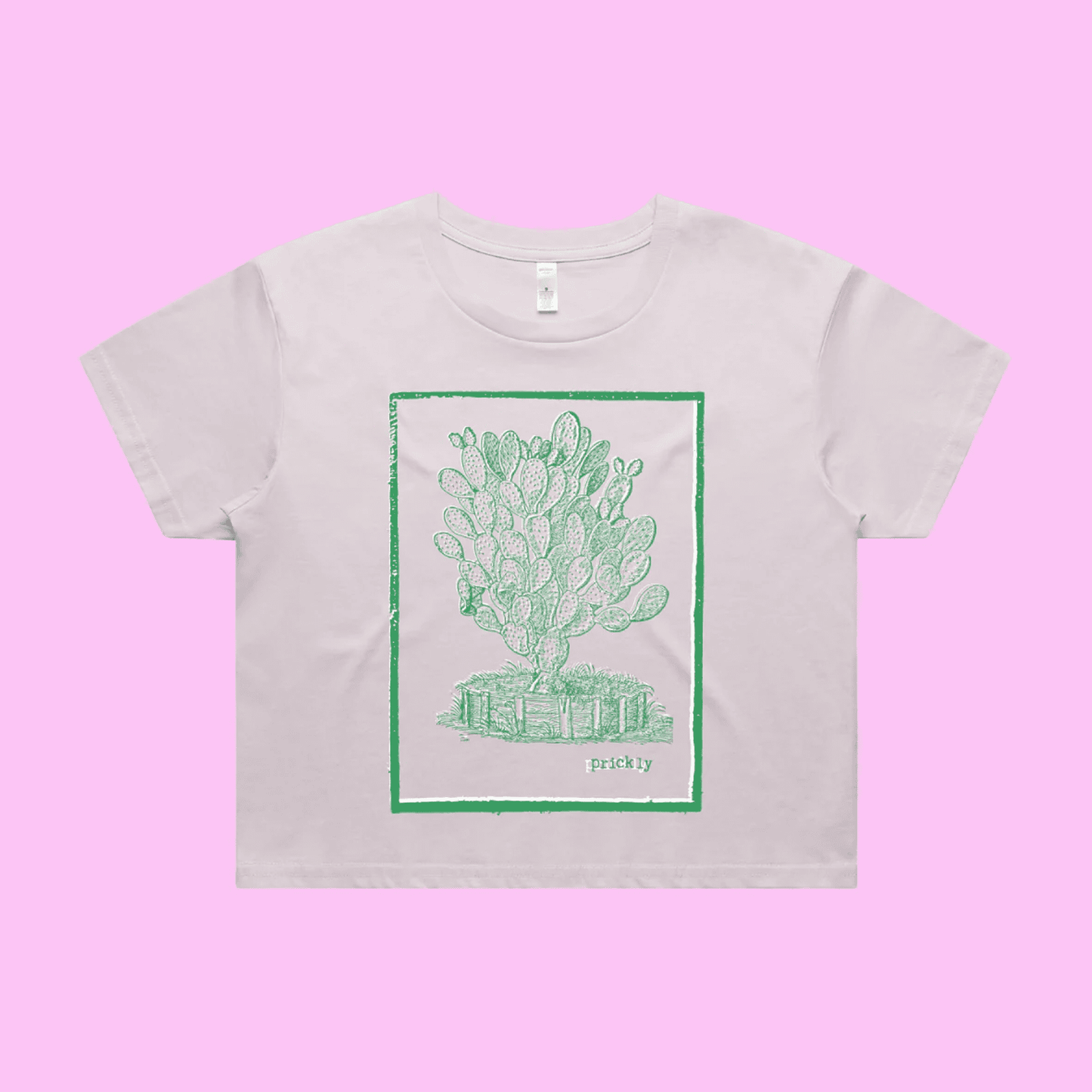 Prickly - orchid crop t-shirt with vintage woodcut style illustration of a cactus - fthis