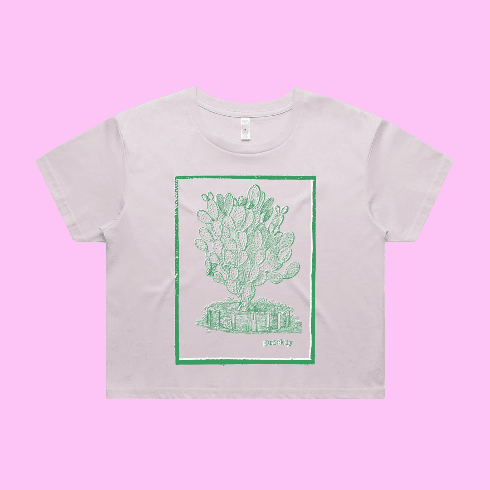 Prickly - orchid crop t-shirt with vintage woodcut style illustration of a cactus - fthis