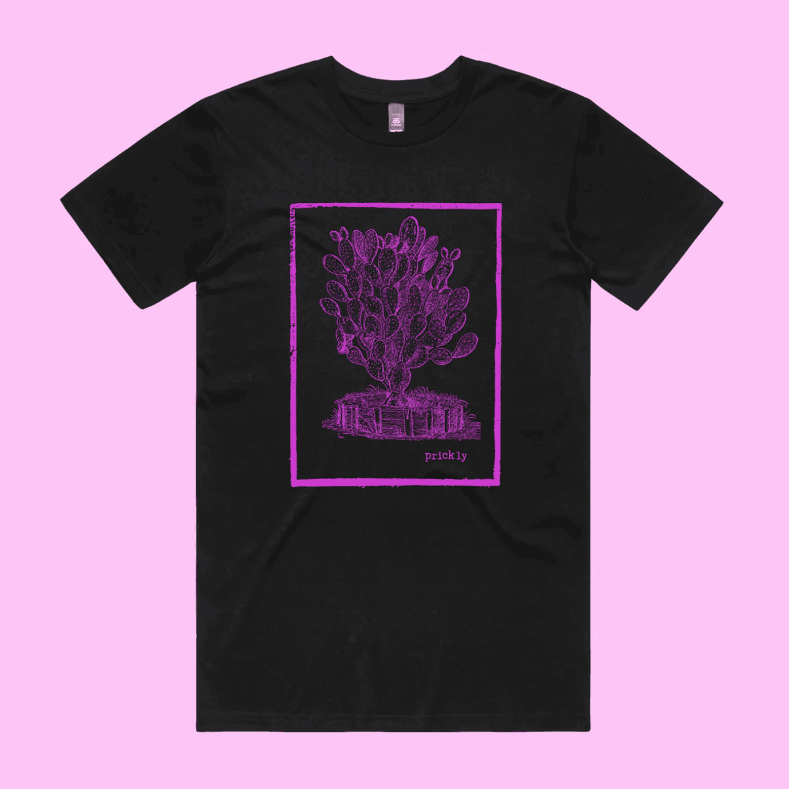 Prickly - black staple t-shirt with vintage woodcut style illustration of a cactus - fthis