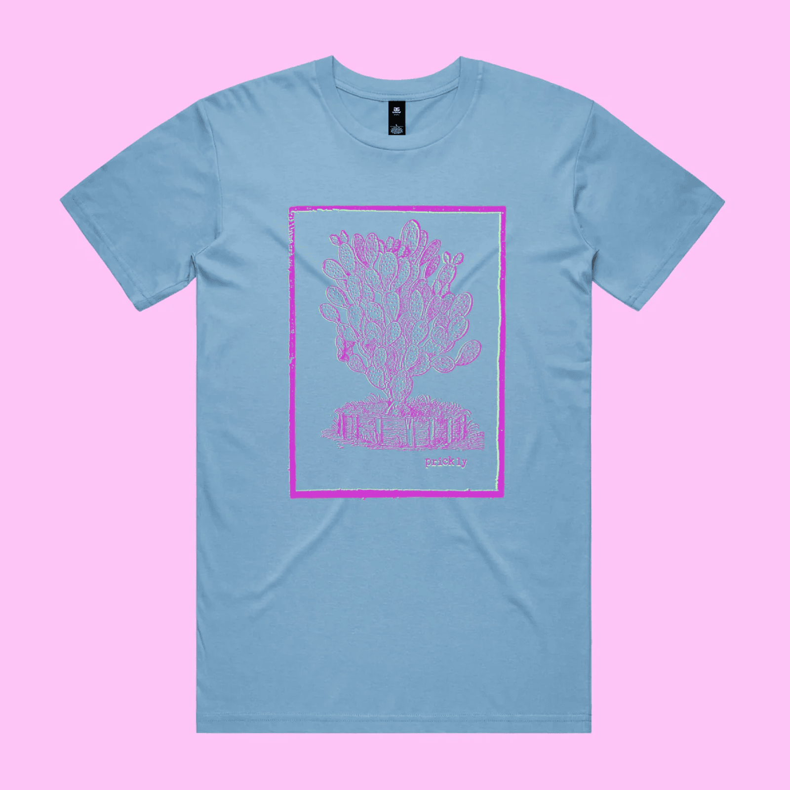 Prickly - carolina blue staple t-shirt with vintage woodcut style illustration of a cactus - fthis