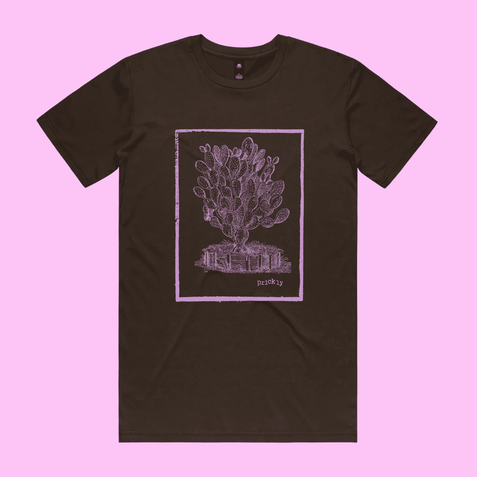 Prickly - dark chocolate staple t-shirt with vintage woodcut style illustration of a cactus - fthis