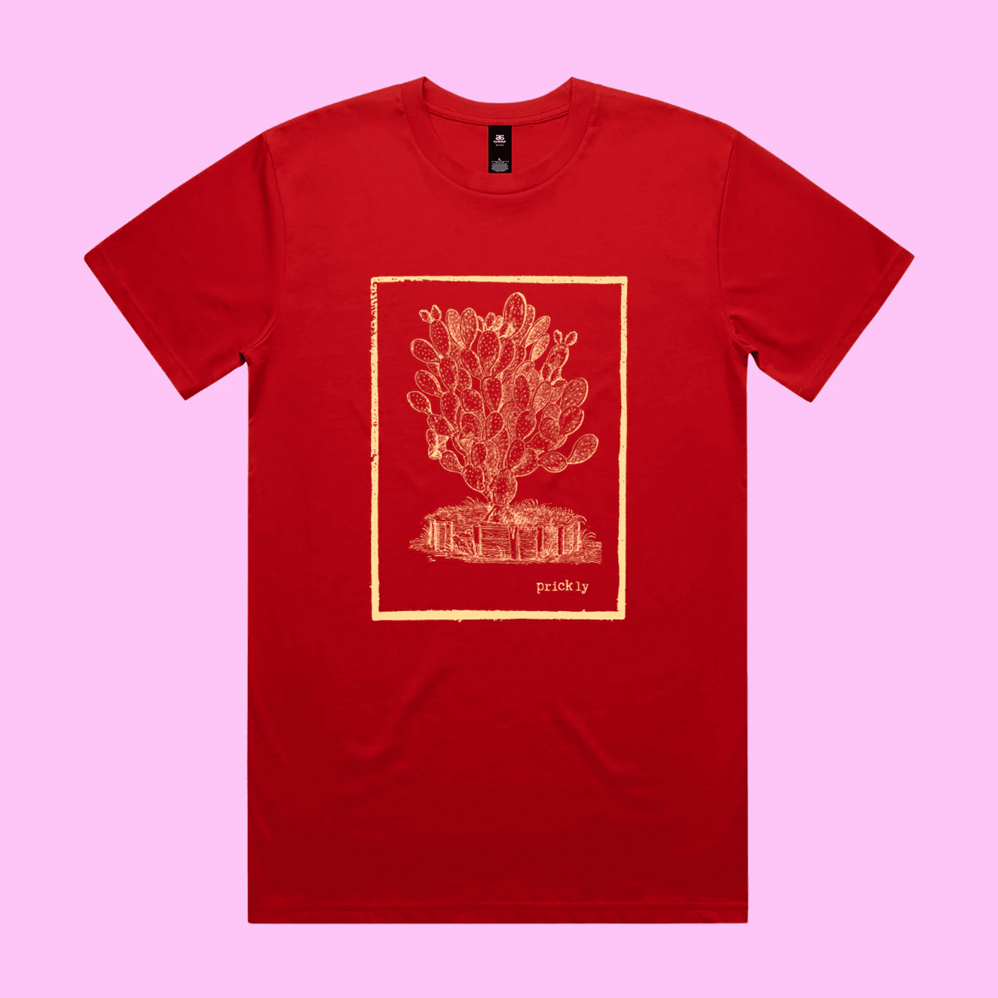 Prickly - red staple t-shirt with vintage woodcut style illustration of a cactus - fthis