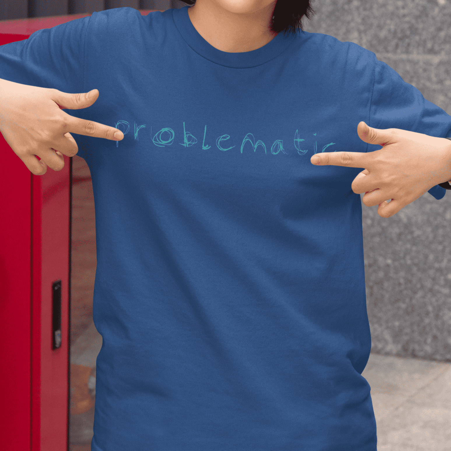 "Problematic" - woman in cobalt t-shirt - fthis
