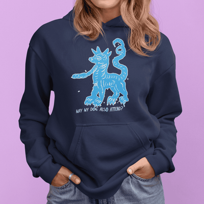 "may my dog also attend?" - women's hoodie in cobalt - fthis - mock up in denim jeans.