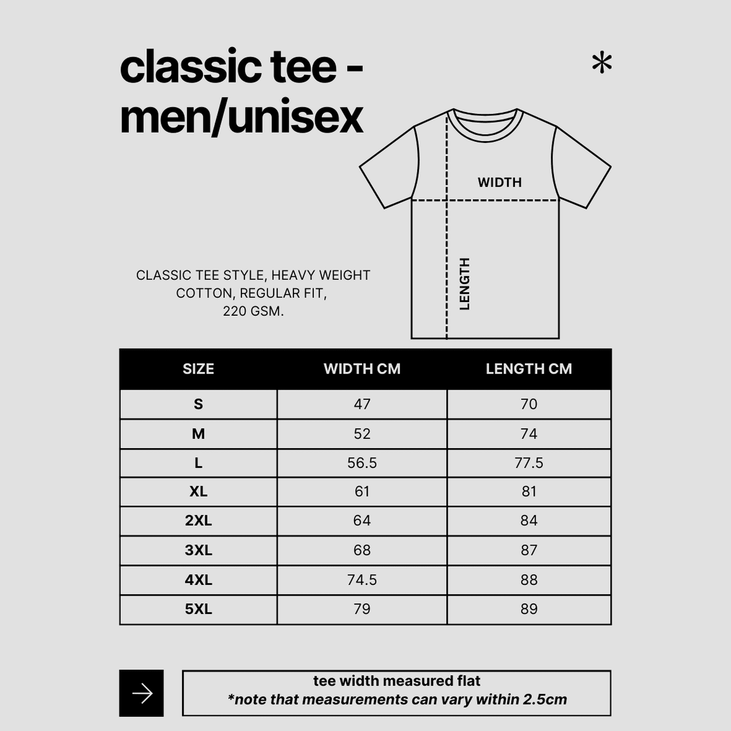 size chart - classic - t shirt - as colour
