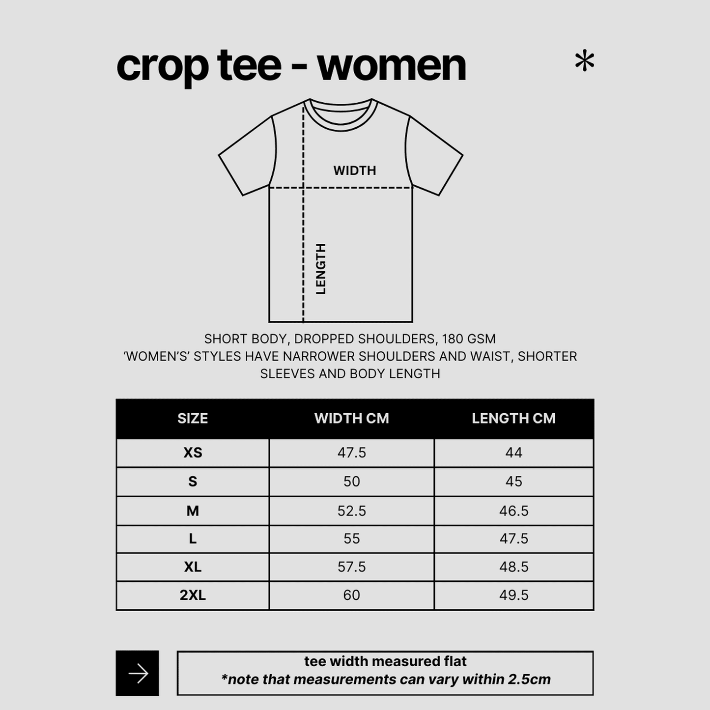size chart - crop - tee - as colour