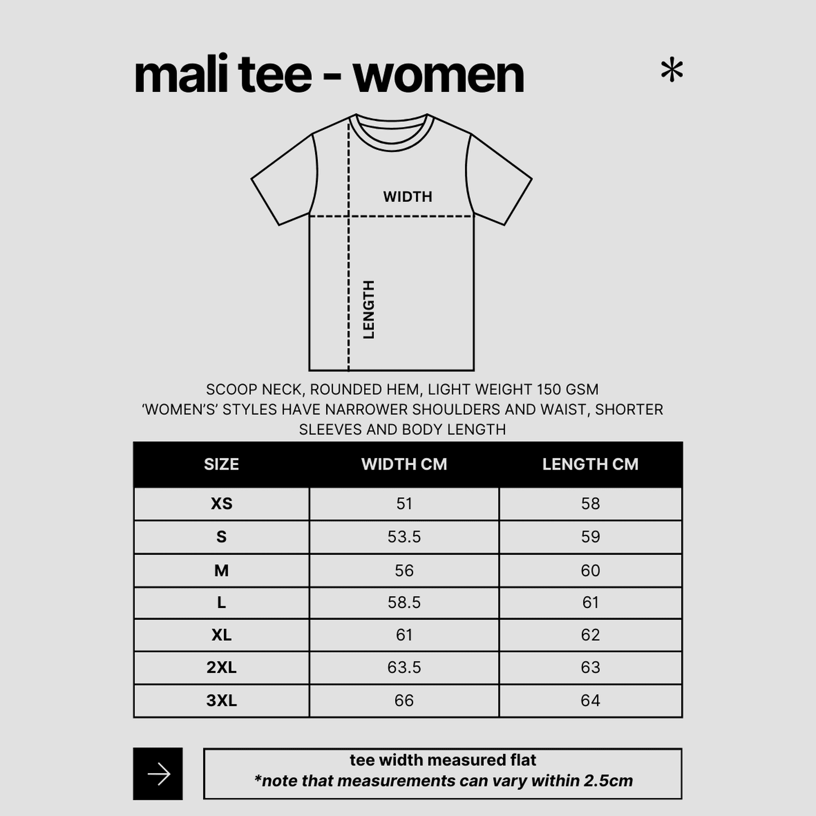 size chart - mali - tee - as colour