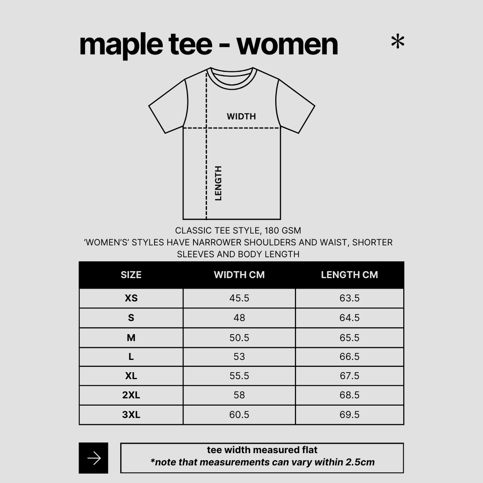 size chart - maple - women's tee - as colour
