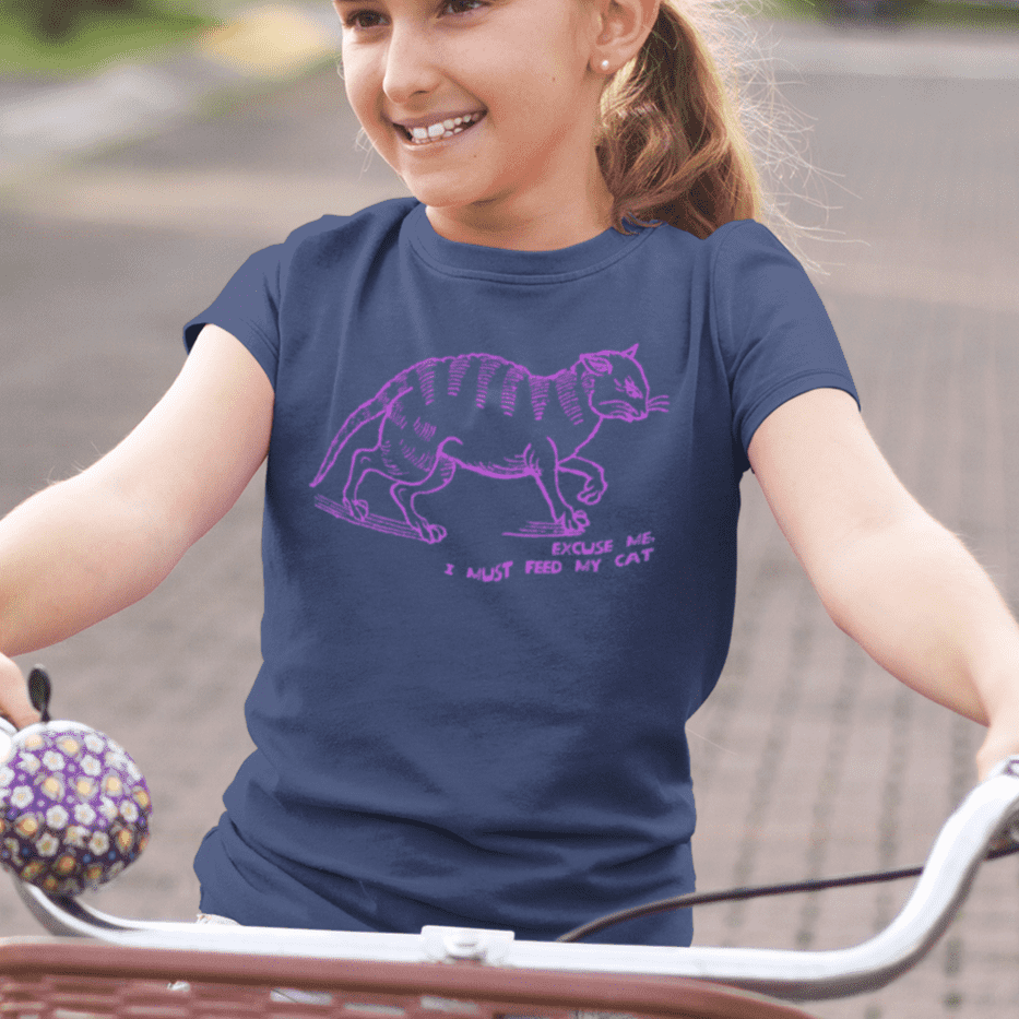 "I must feed my cat" childrens t-shirt in caobalt - mockup - fthis