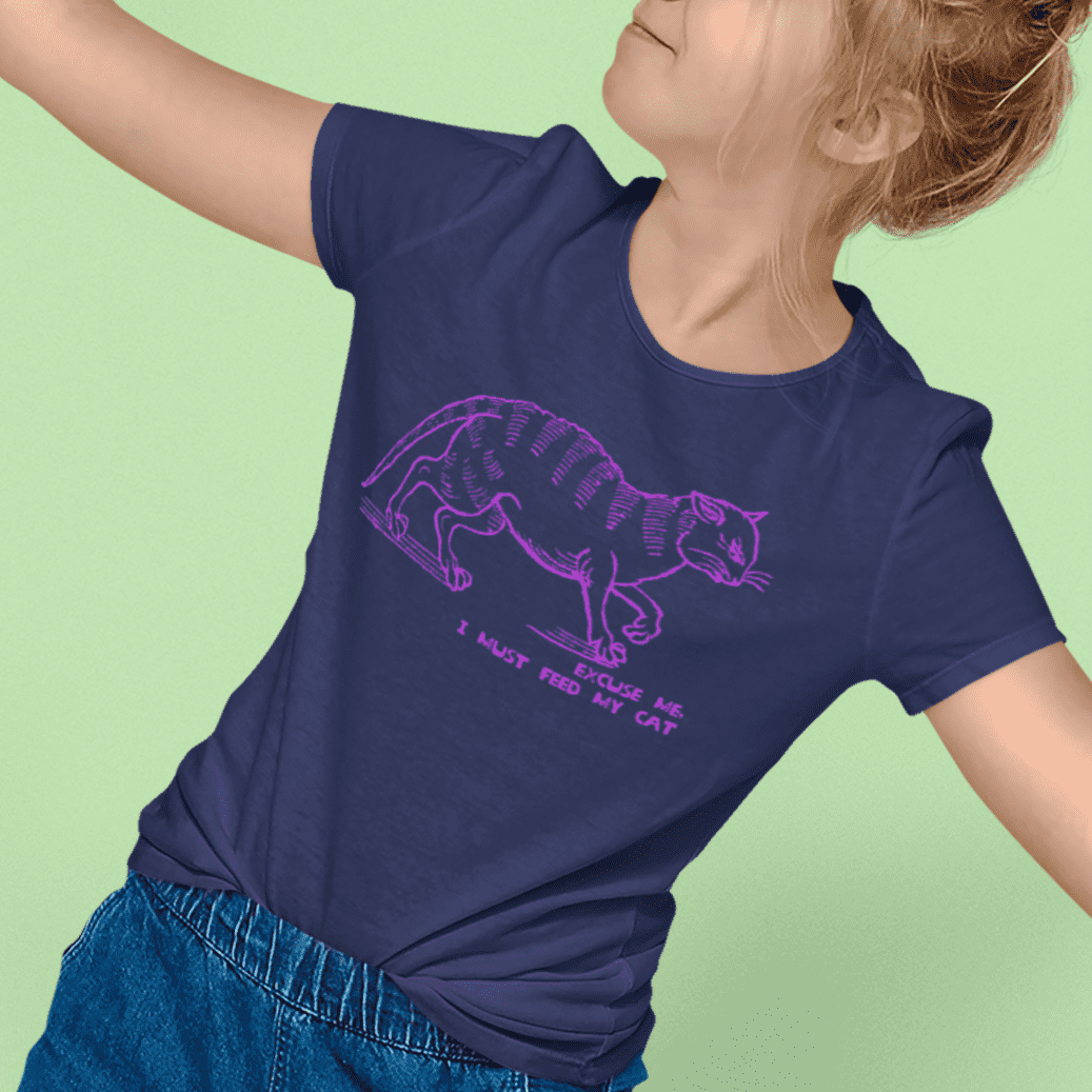 "I must feed my cat" childrens t-shirt in cobalt - mockup - fthis