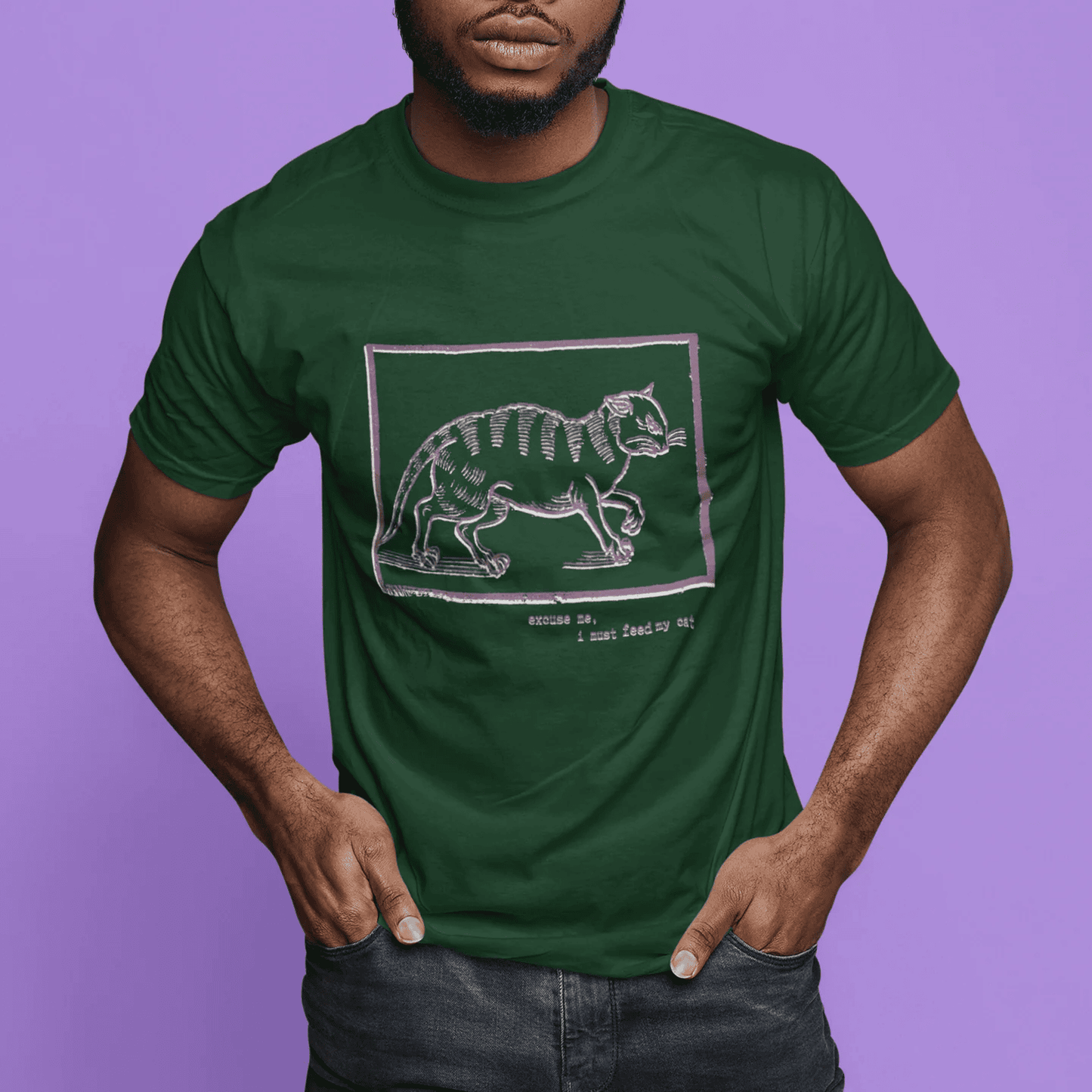 Excuse me, I must feed my cat - man wearing emerald classic t-shirt with medieval woodcut style illustration of a witches cat