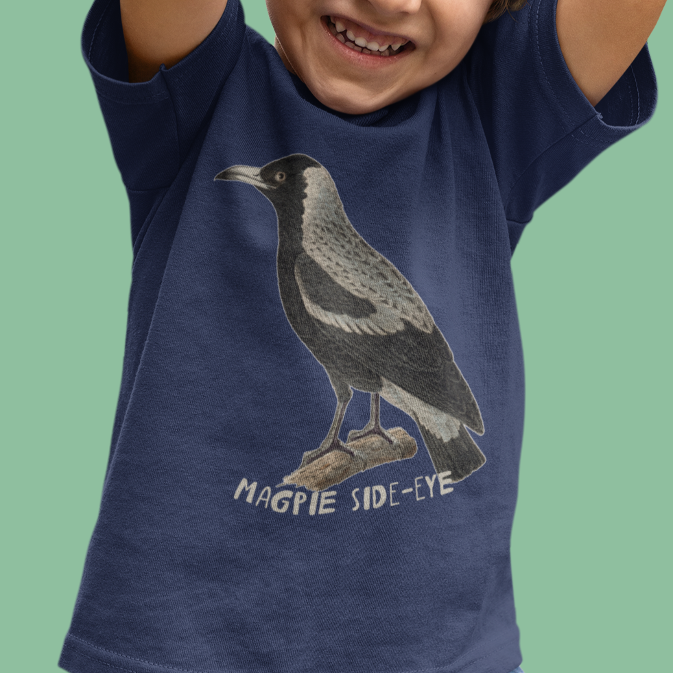 magpie side-eye | australian magpie kids t-shirt