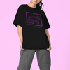 Woman modelling black staple t-shirt with medieval woodcut style illustration saying "may my dog also attend?"